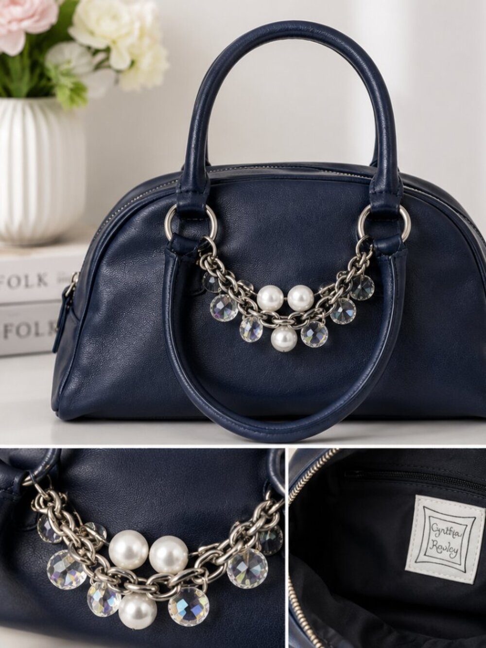 Cynthia Rowley Navy Leather Satchel Pearl Crystal Charm Chain Bag